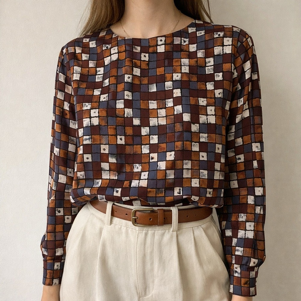 Andre Sauvage Brown Satin Checkered Blouse‎ VTG 80s Keyhole USA Tile Print Artsy